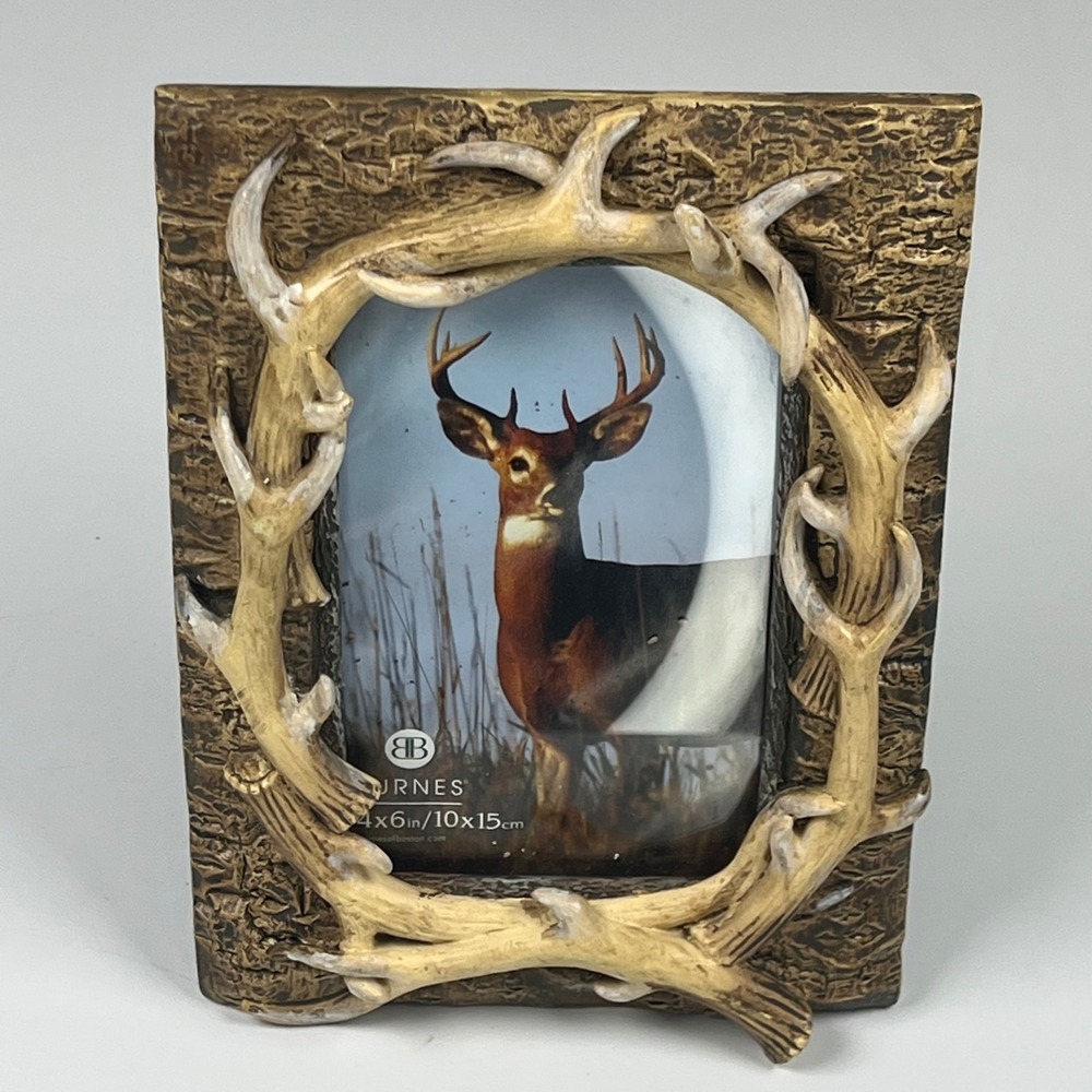 Burnes of Boston 4x6 Rustic Antler Picture Frame Faux Bark Lodge Decor Brown